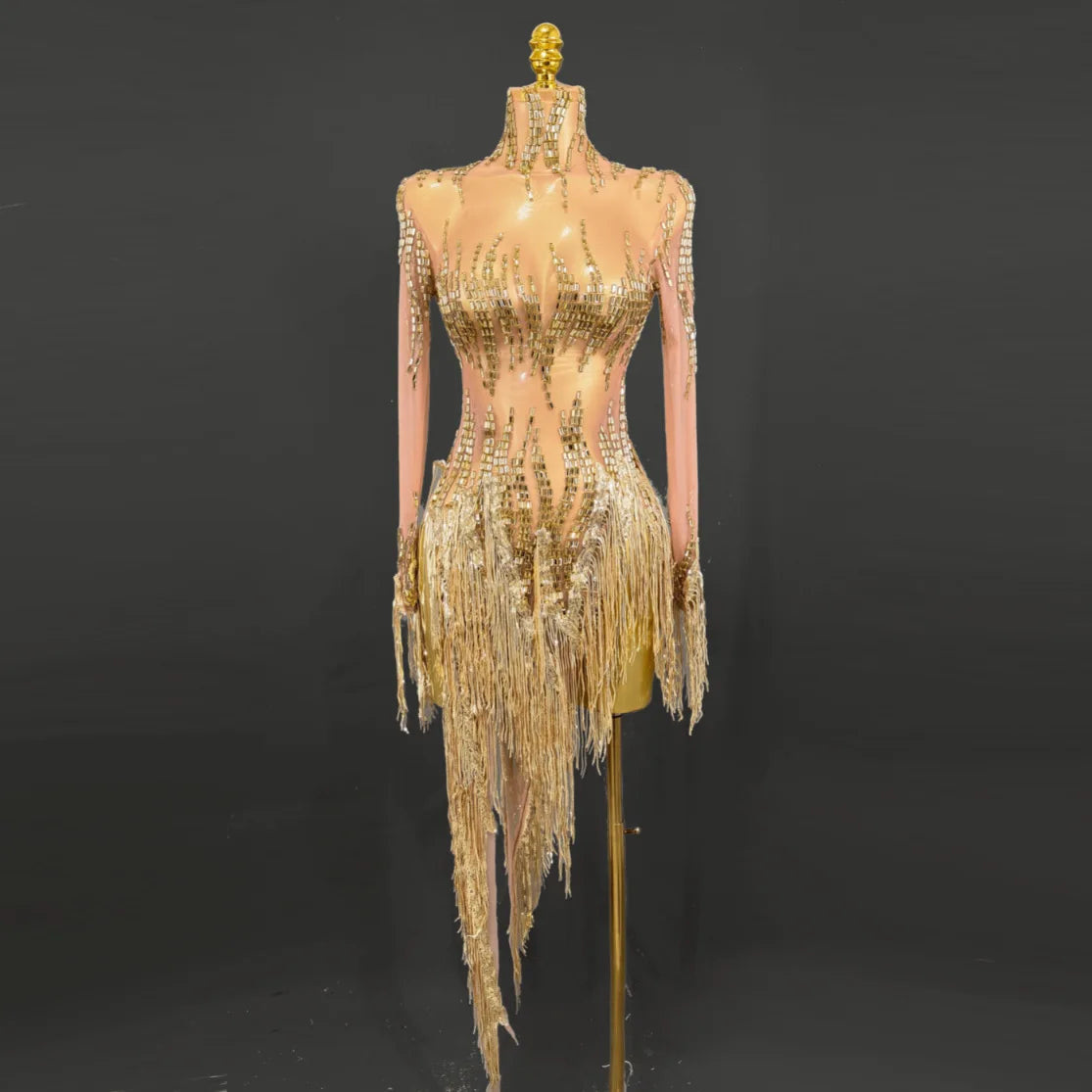 Golden Silver Rhinestone Tassel Dress