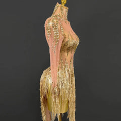 Golden Silver Rhinestone Tassel Dress