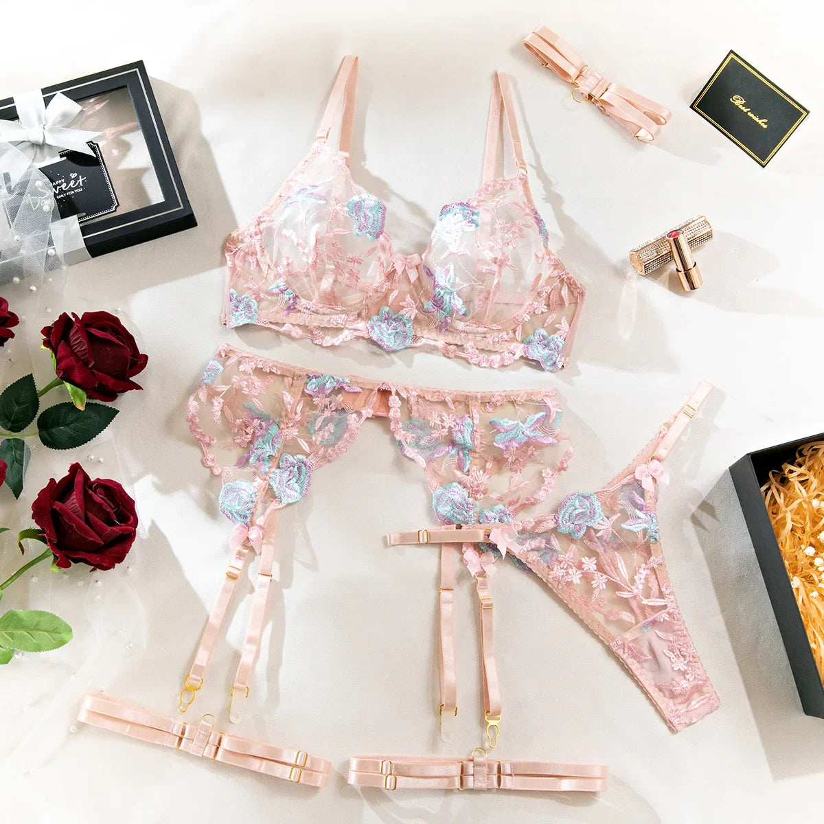 Romantic Lace Embroidery Bra and Panty Lingerie Sets Underwear 5 Pcs Set Exotic Suits Bra Sets