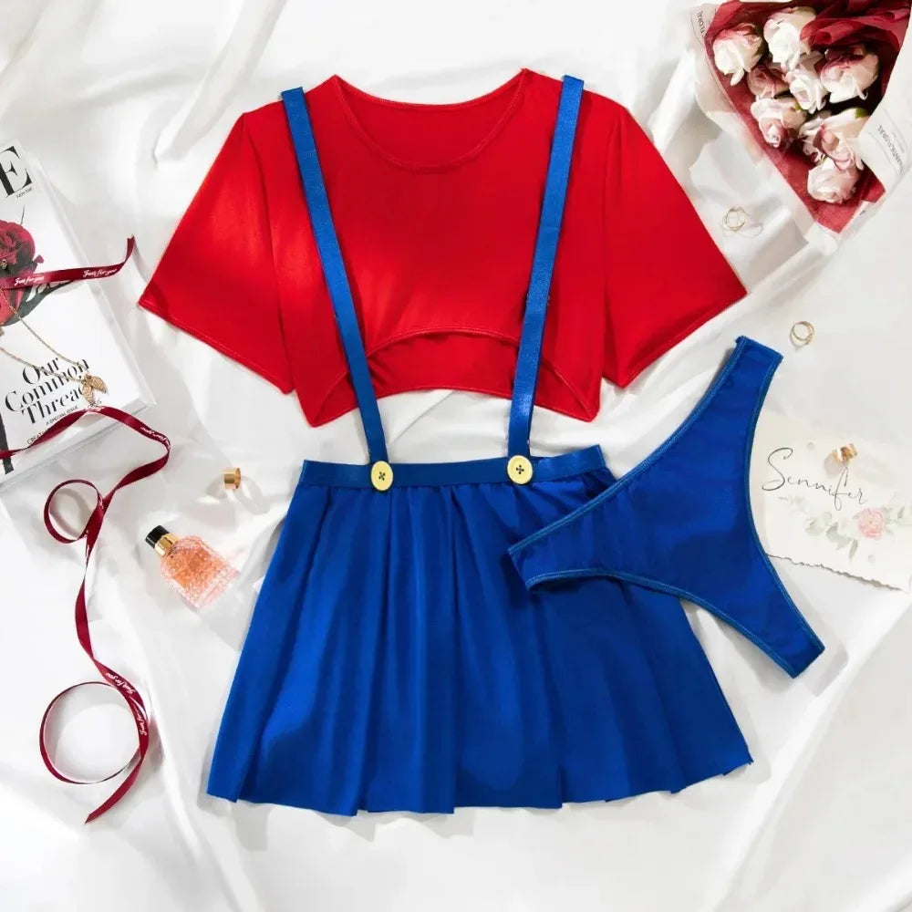 Maid RolePlay Set Babydoll Dress Crop 3Piece with Pleated Skirt Underwear