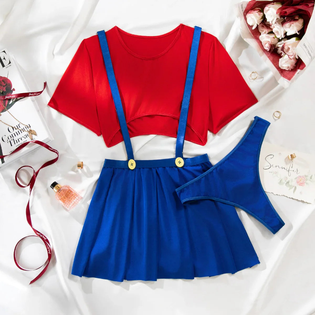 Maid RolePlay Set Babydoll Dress Crop 3Piece with Pleated Skirt Underwear