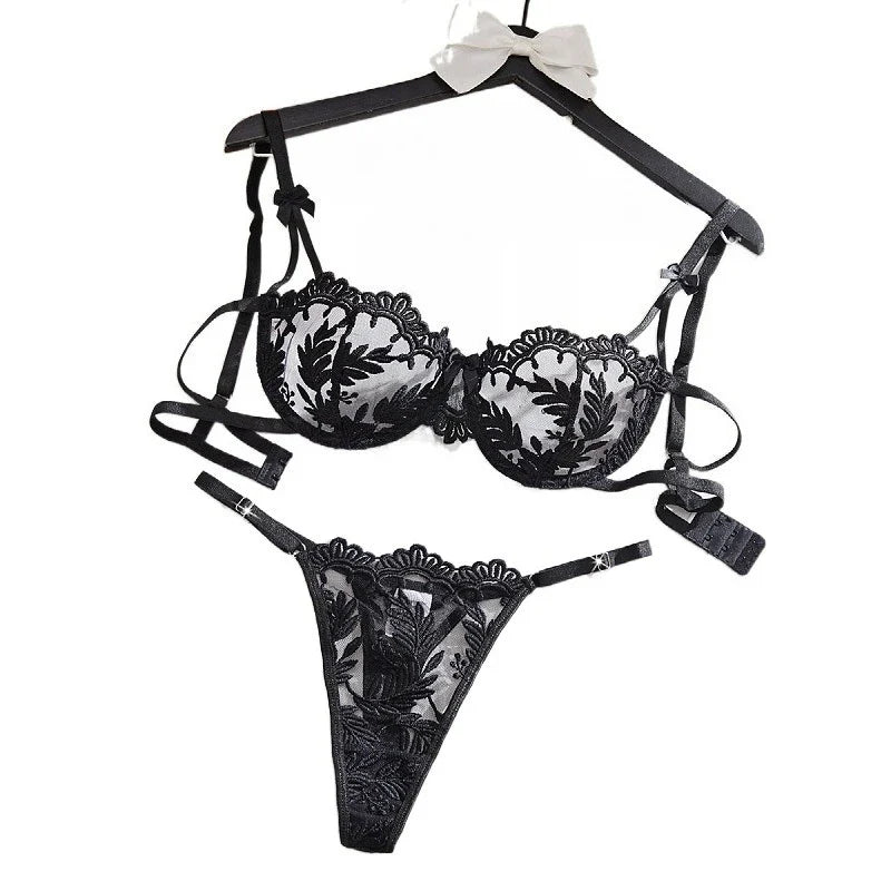 Mesh Flower Embroidery Adjustable Straps Pure See Through Bra Thongss Erotic Seductive Underwears Lingerie Set