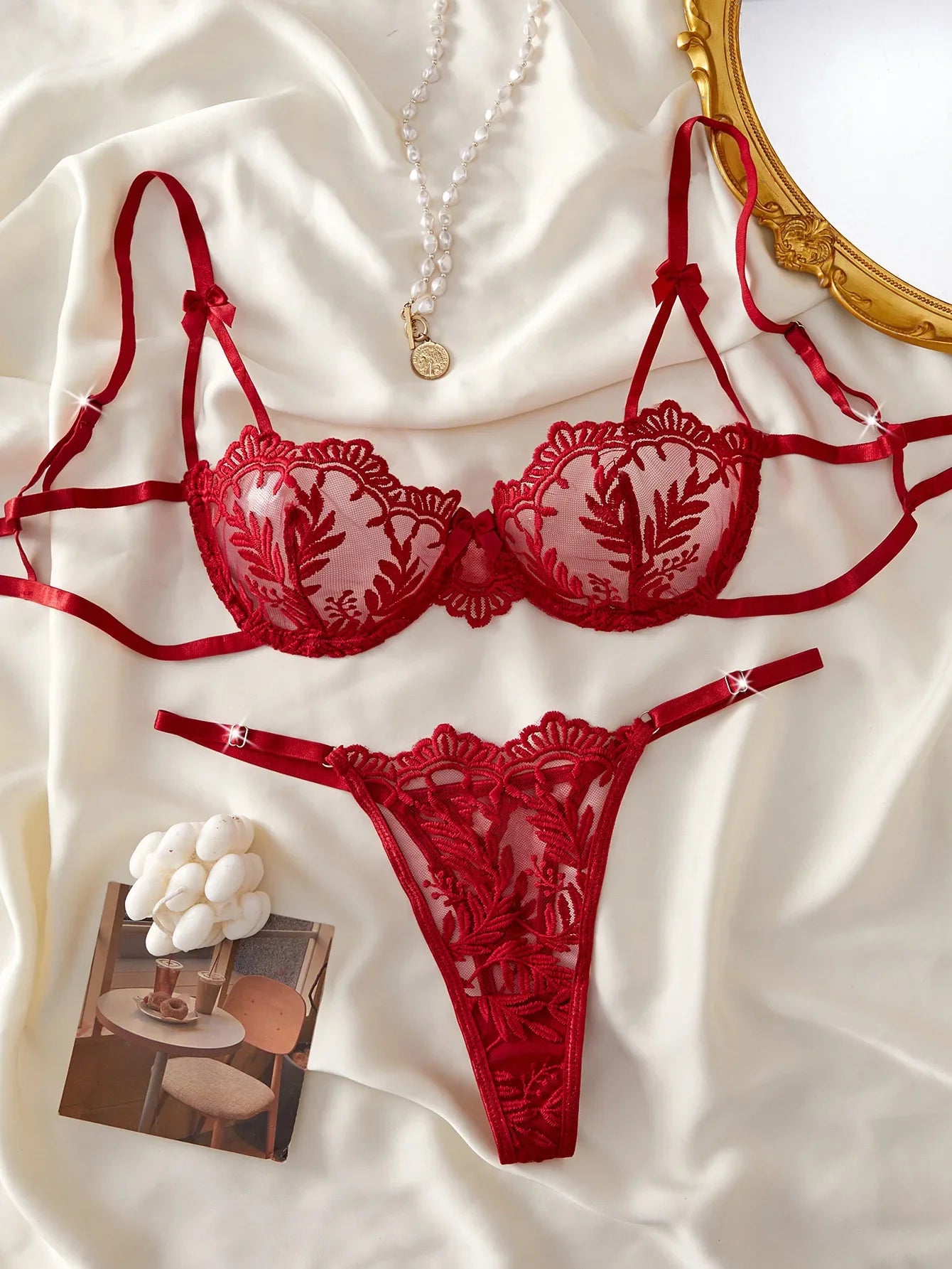 Mesh Flower Embroidery Adjustable Straps Pure See Through Bra Thongss Erotic Seductive Underwears Lingerie Set