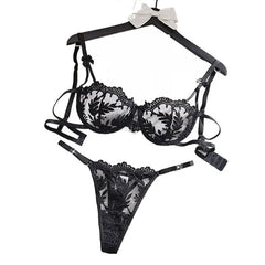 Mesh Flower Embroidery Adjustable Straps Pure See Through Bra Thongss Erotic Seductive Underwears Lingerie Set