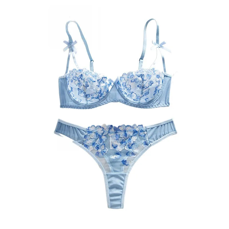 Mesh Flower Embroidery Pure See Through Bra Panty Erotics Seductive Underwearss Clothings Seduct Lingerie Set
