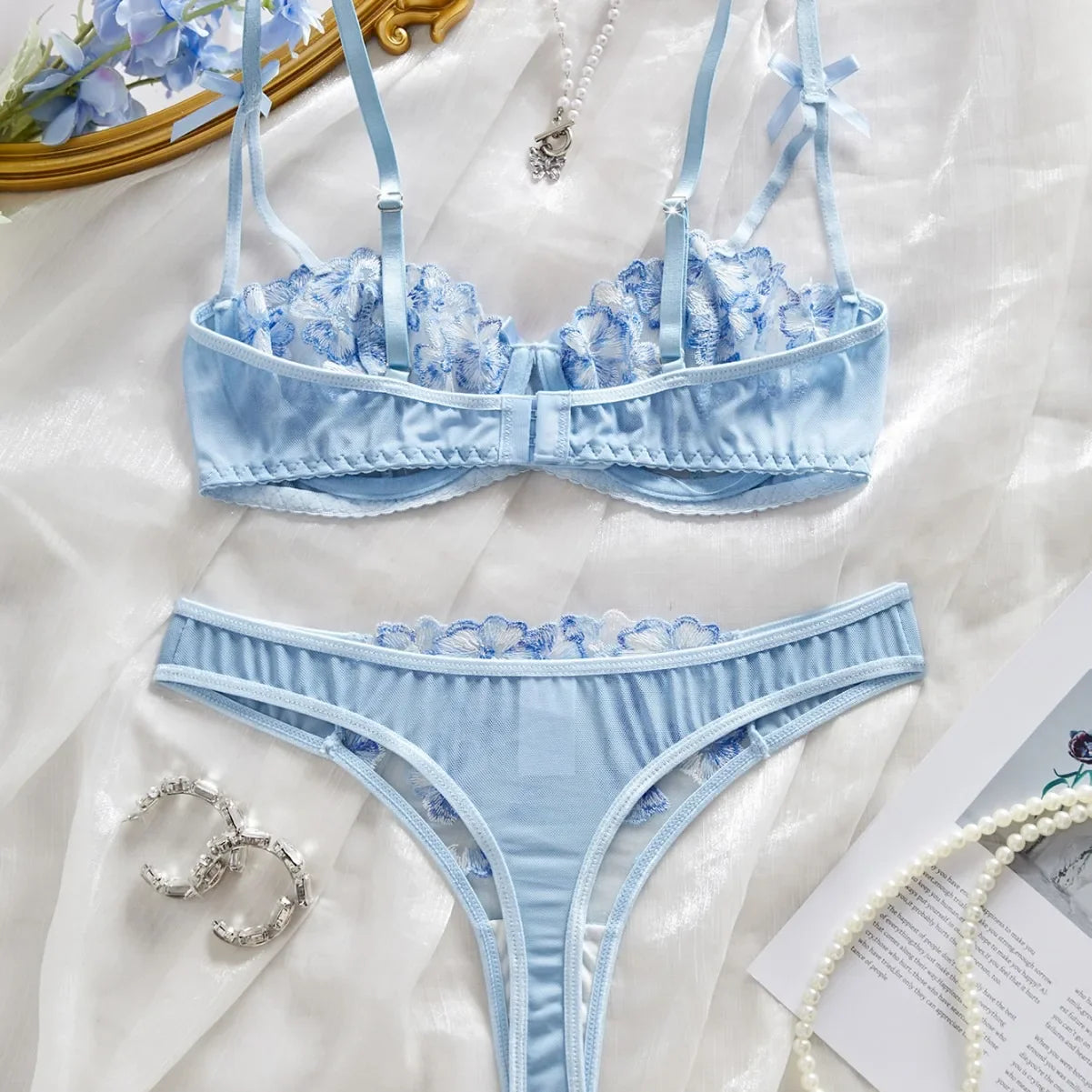 Mesh Flower Embroidery Pure See Through Bra Panty Erotics Seductive Underwearss Clothings Seduct Lingerie Set