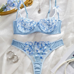 Mesh Flower Embroidery Pure See Through Bra Panty Erotics Seductive Underwearss Clothings Seduct Lingerie Set