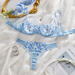 Mesh Flower Embroidery Pure See Through Bra Panty Erotics Seductive Underwearss Clothings Seduct Lingerie Set