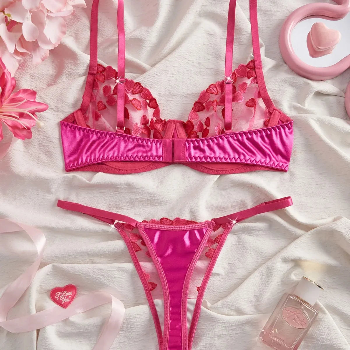 Mesh Heart Embroidery See Through Bra Pantys Erotic Seductive Underwearss Clothings Seduct Lingerie Set