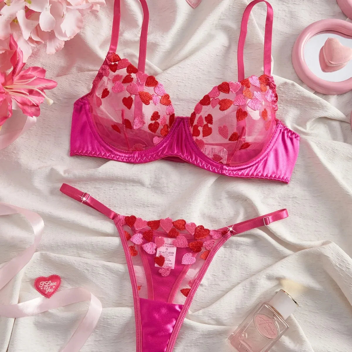 Mesh Heart Embroidery See Through Bra Pantys Erotic Seductive Underwearss Clothings Seduct Lingerie Set