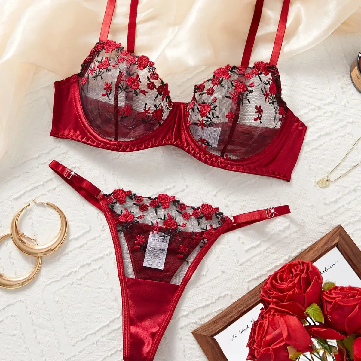 Mesh Red Velvet Rose Embroidery Pure Bra Panty Black Gorgeous Exquisite Elegant Charming Lingerie Set Erotic Costume