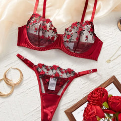 Mesh Red Velvet Rose Embroidery Pure Bra Panty Black Gorgeous Exquisite Elegant Charming Lingerie Set Erotic Costume