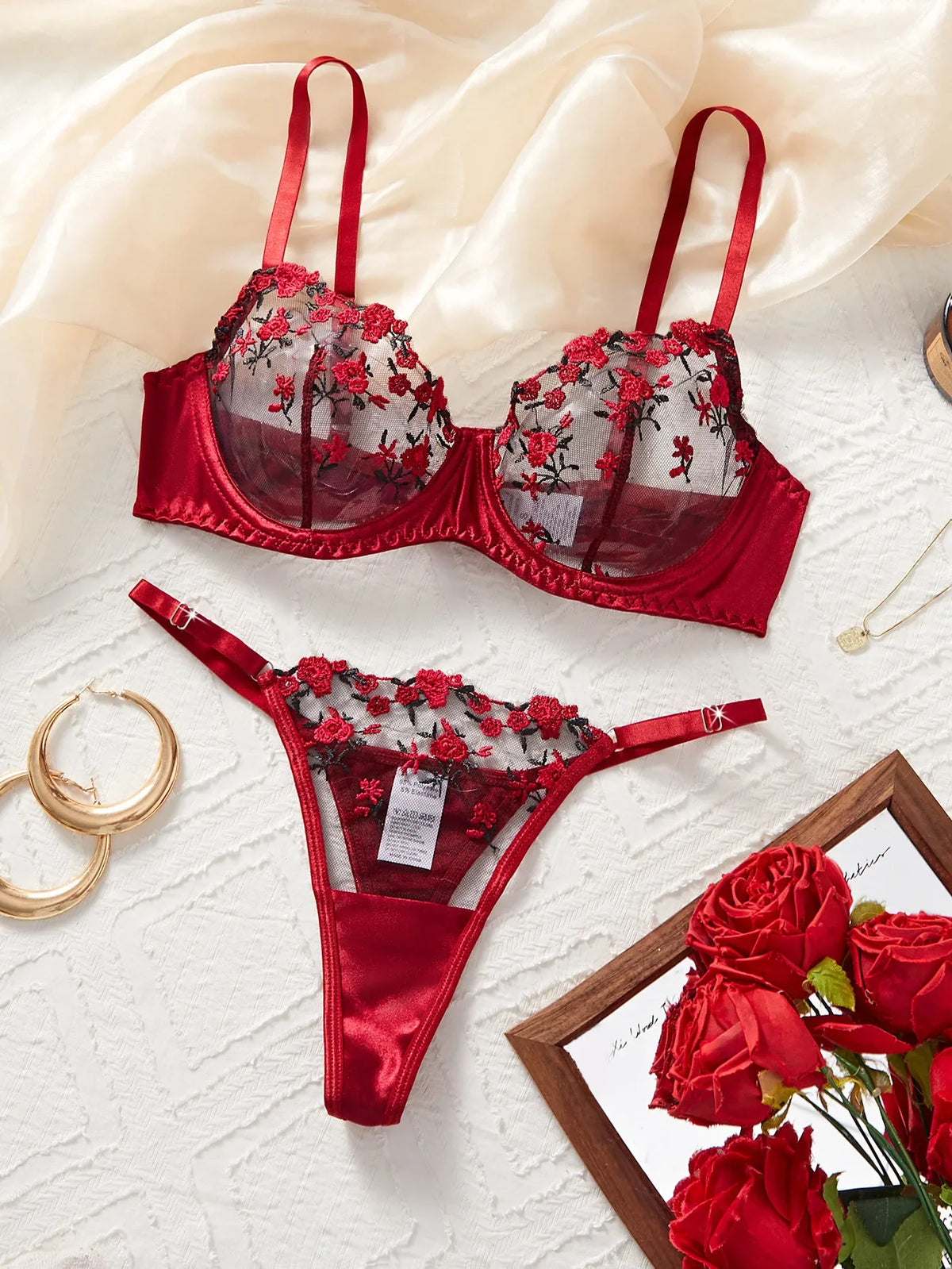 Mesh Red Velvet Rose Embroidery Pure Bra Panty Black Gorgeous Exquisite Elegant Charming Lingerie Set Erotic Costume