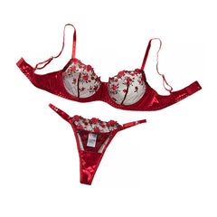 Mesh Red Velvet Rose Embroidery Pure Bra Panty Black Gorgeous Exquisite Elegant Charming Lingerie Set Erotic Costume