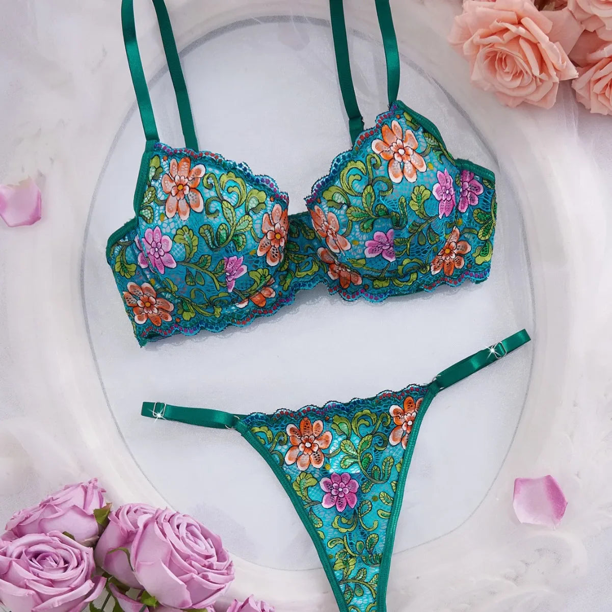 Multicolor Floral Lace Printed Bras Erotic Seductive Underwearss Clothingss Seduction Lingerie Set