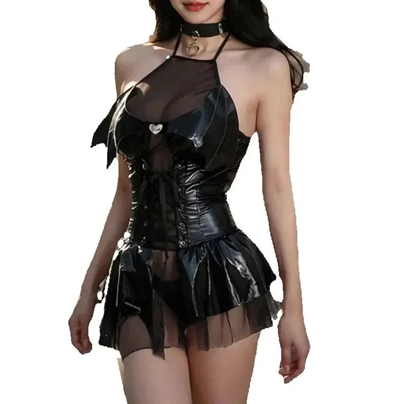 Naughty Witch Lingerie Cosplay Uniform PULeather Open Crotch Kawaii Transparent Chest Jumpsuit Rabbit Costumes