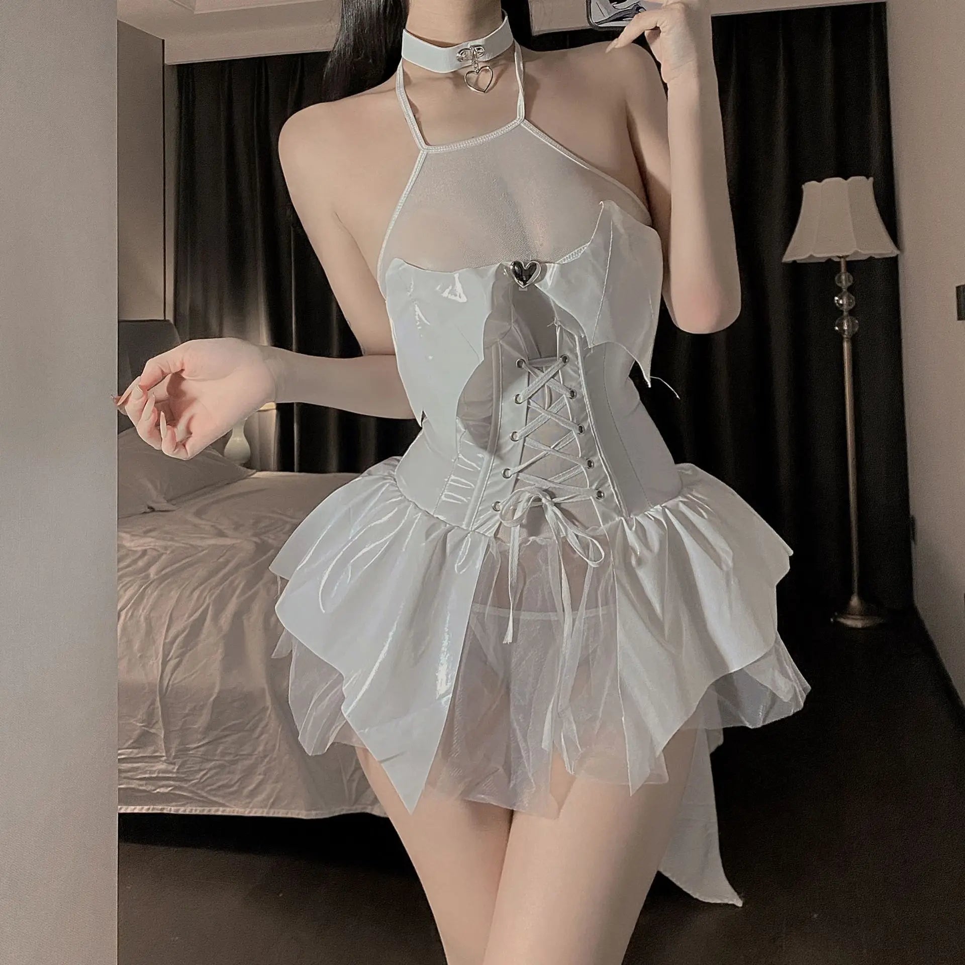 Naughty Witch Lingerie Cosplay Uniform PULeather Open Crotch Kawaii Transparent Chest Jumpsuit Rabbit Costumes