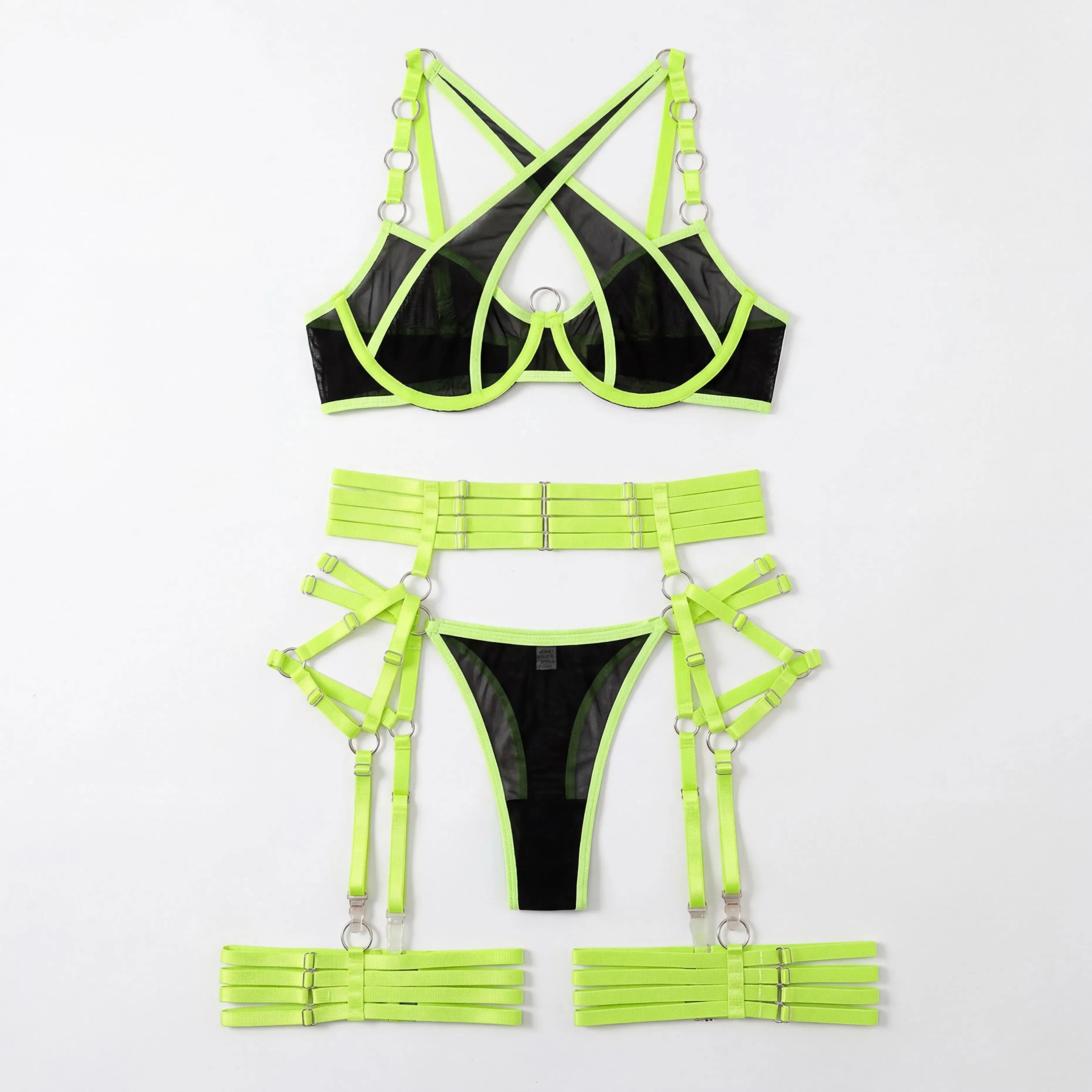Neon Green Cross Strap Lingerie Set Underwire Bra Belt Thong Legs Erotic 4 Piece Nightwear Intimates