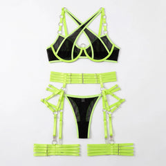 Neon Green Cross Strap Lingerie Set Underwire Bra Belt Thong Legs Erotic 4 Piece Nightwear Intimates