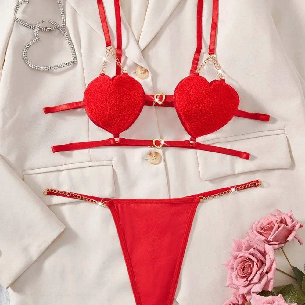 Aesthetic French Heart Sling Backless Bras Erotic Seductive Underwearss Clothings Seduction Lingerie Set