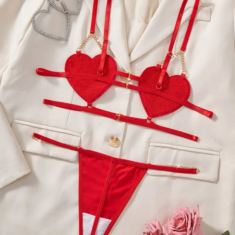 Aesthetic French Heart Sling Backless Bras Erotic Seductive Underwearss Clothings Seduction Lingerie Set
