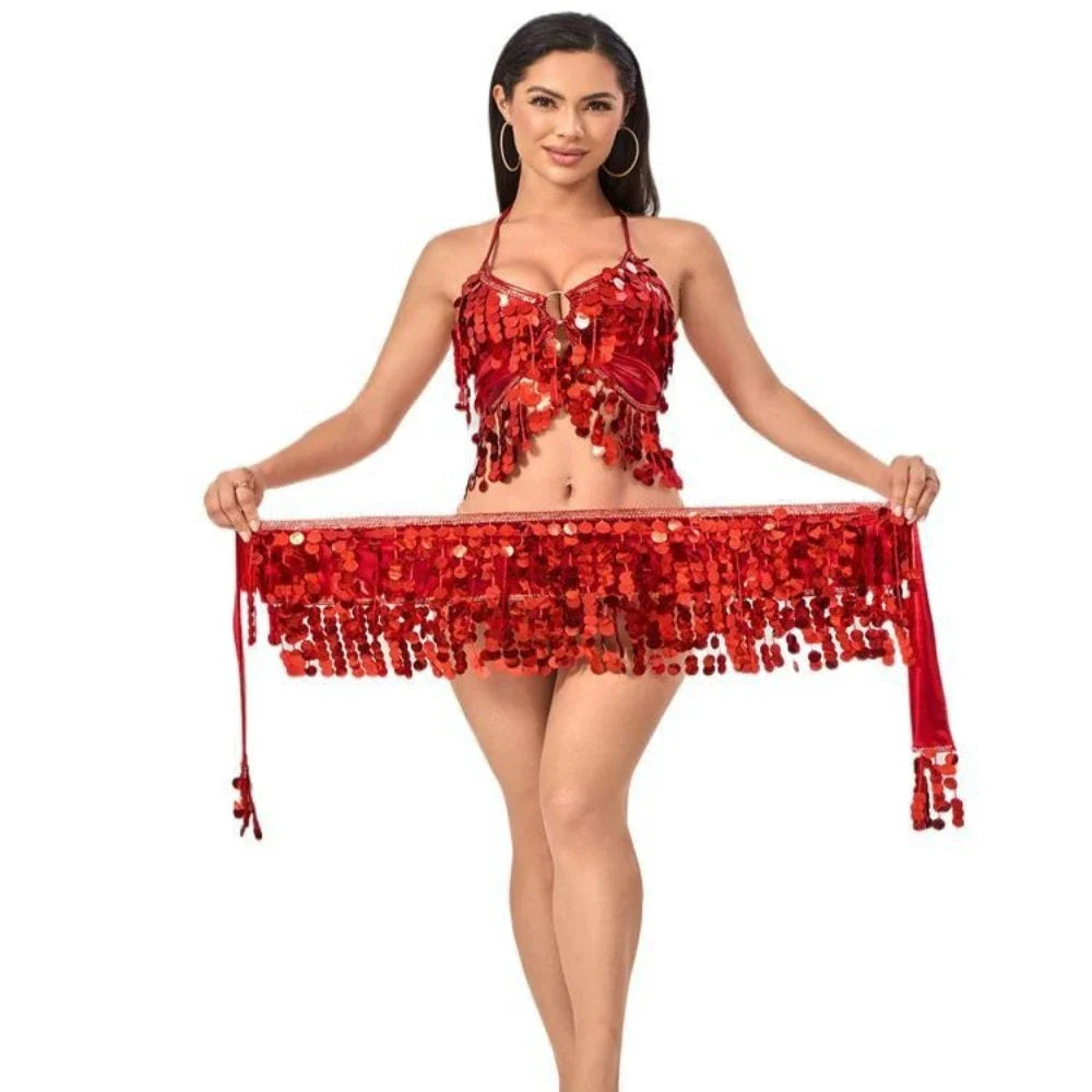 Belly Dance Waist Hip Scarf Sequins Tassel Set Indian Dance Performance Waist Belt