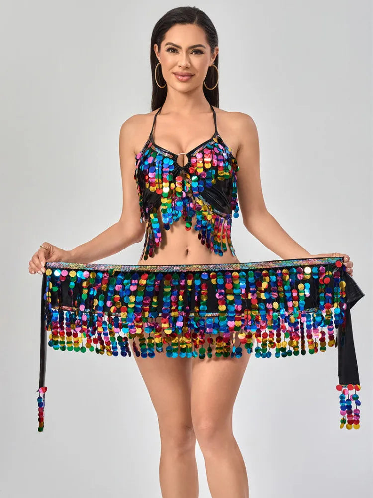 Belly Dance Waist Hip Scarf Sequins Tassel Set Indian Dance Performance Waist Belt