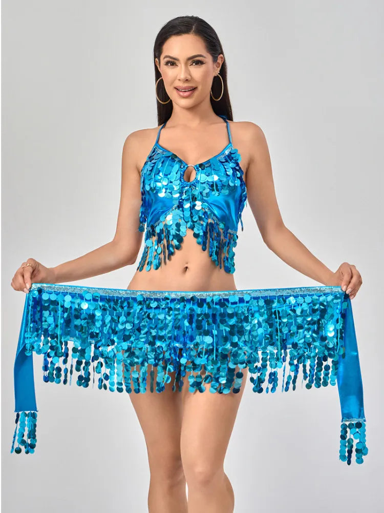 Belly Dance Waist Hip Scarf Sequins Tassel Set Indian Dance Performance Waist Belt