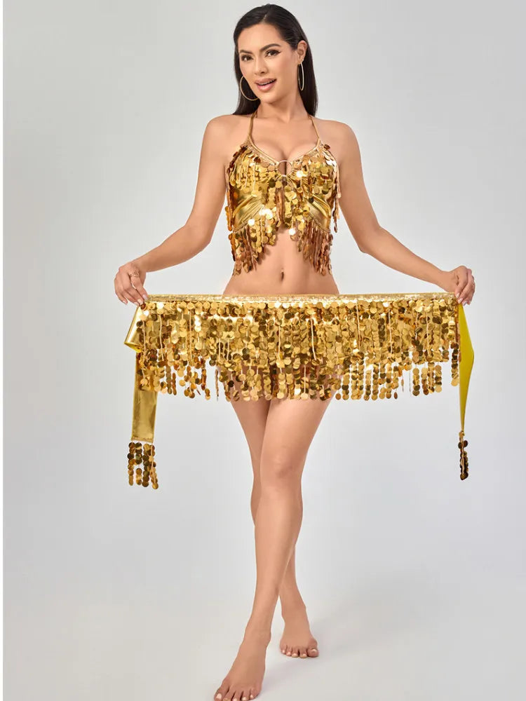 Belly Dance Waist Hip Scarf Sequins Tassel Set Indian Dance Performance Waist Belt