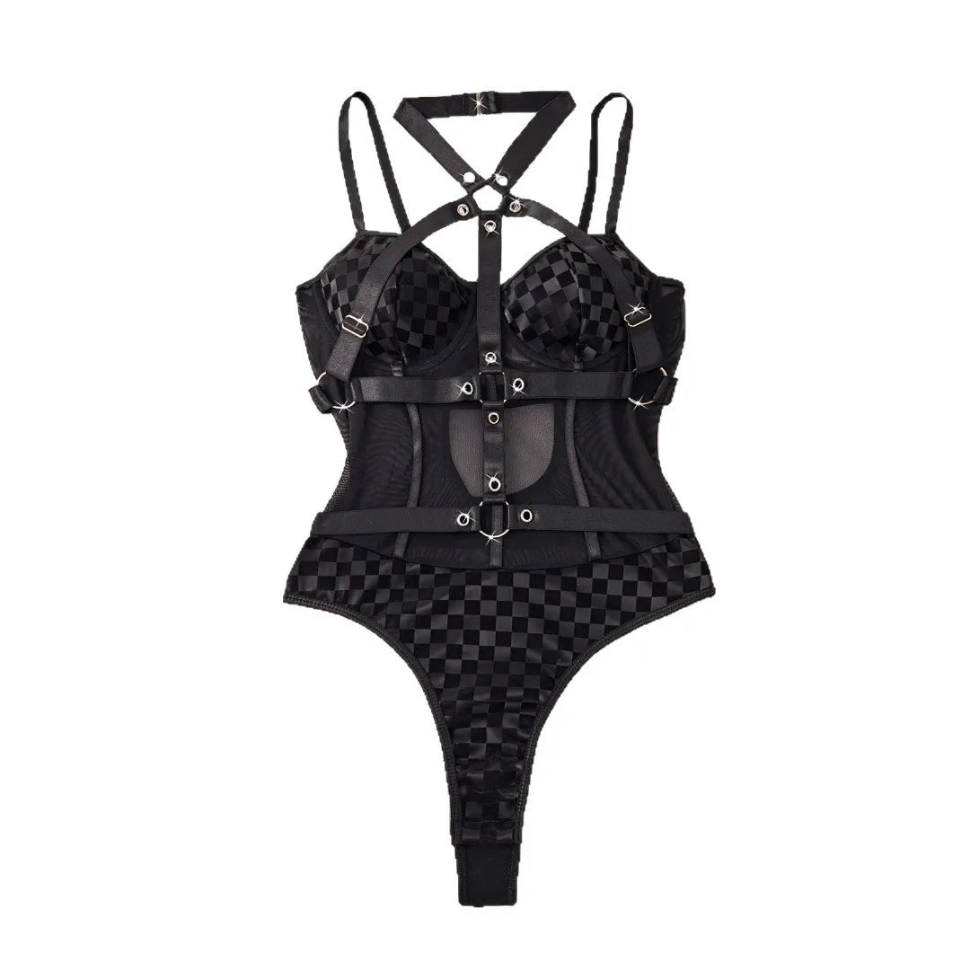 Black Lattice Cross Strapping Halter Patchwork Mesh Erotic