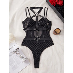 Black Lattice Cross Strapping Halter Patchwork Mesh Erotic