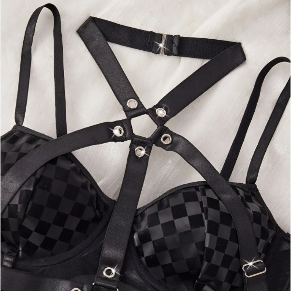 Black Lattice Cross Strapping Halter Patchwork Mesh Erotic