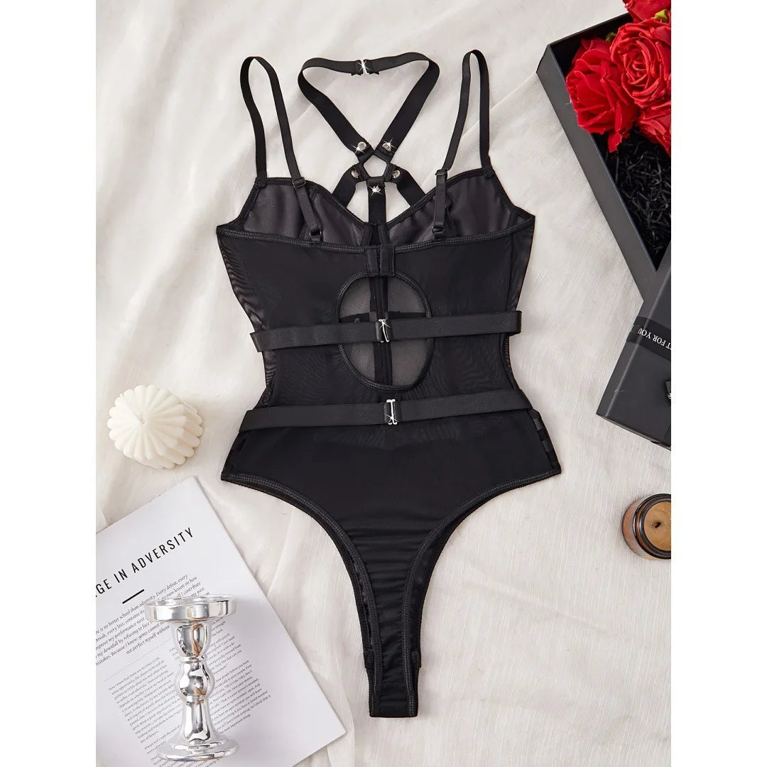Black Lattice Cross Strapping Halter Patchwork Mesh Erotic
