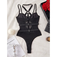 Black Lattice Cross Strapping Halter Patchwork Mesh Erotic