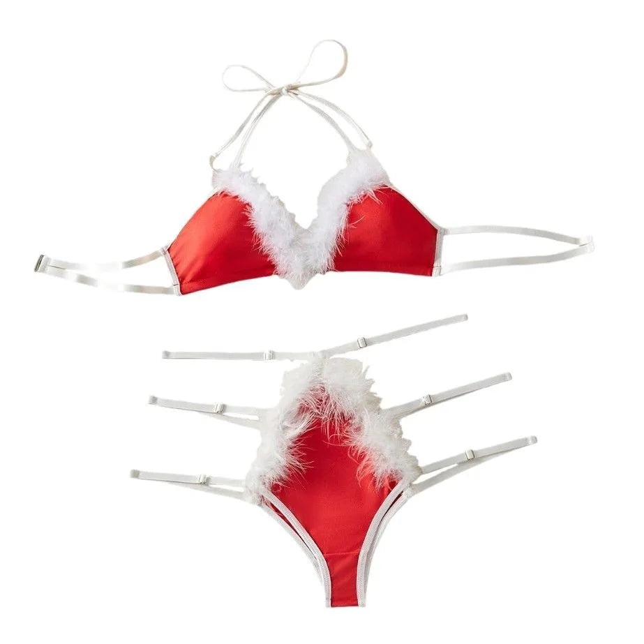 Christmas Role Play Furry Three Point Bra Lace Ups Erotic Seductive Underwear Clothings Lingerie Set