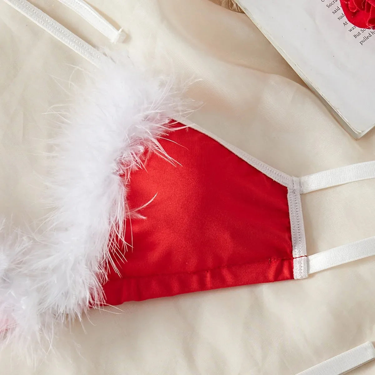 Christmas Role Play Furry Three Point Bra Lace Ups Erotic Seductive Underwear Clothings Lingerie Set