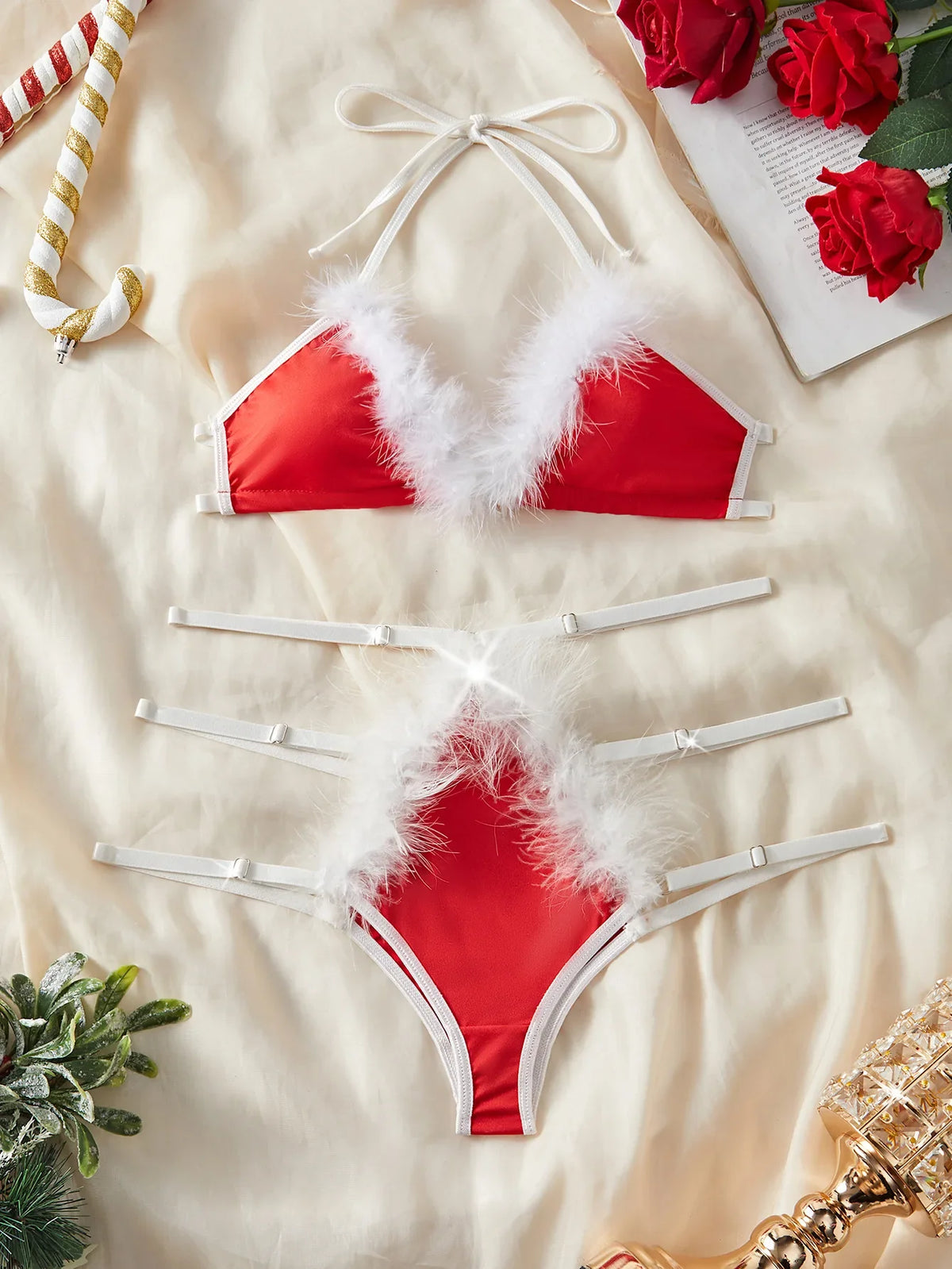 Christmas Role Play Furry Three Point Bra Lace Ups Erotic Seductive Underwear Clothings Lingerie Set