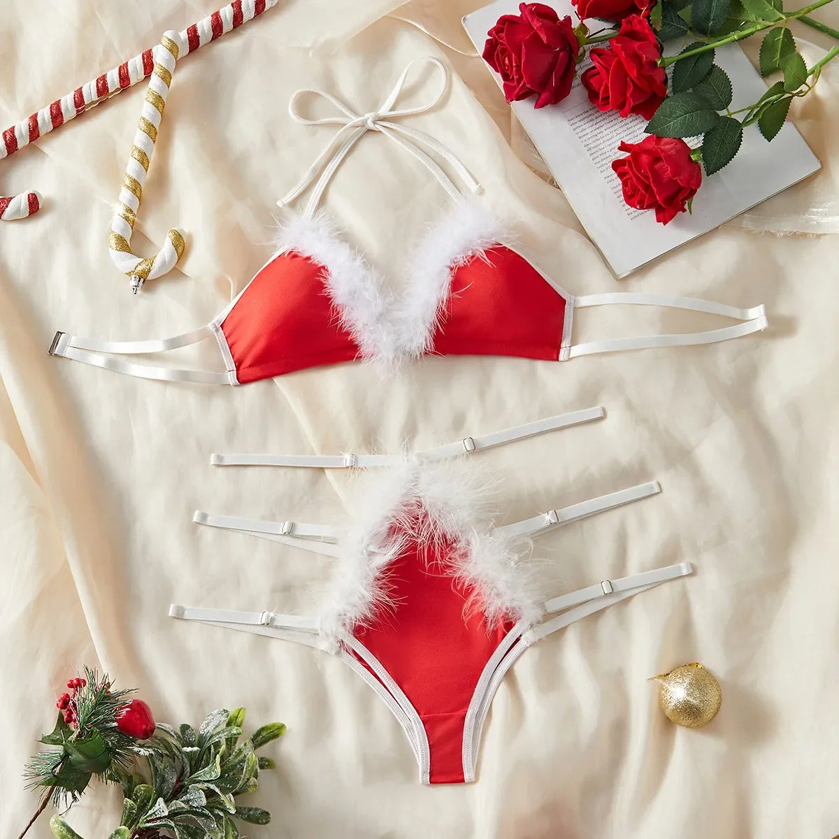 Christmas Role Play Furry Three Point Bra Lace Ups Erotic Seductive Underwear Clothings Lingerie Set