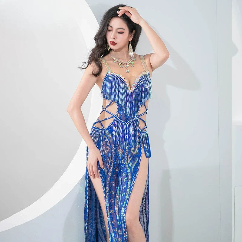 Classic Baladi Oriental Dance Performance Costume, Embroidered Sequined One-Piece Outfit