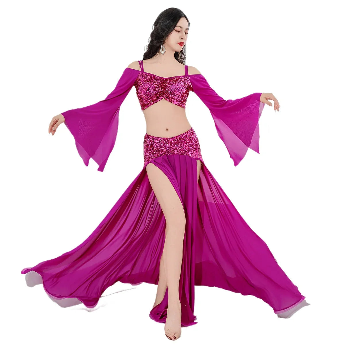 Design Belly Dance Outfit Mesh Fabric Sequin Patchwork Elegant Oriental Dance Wear