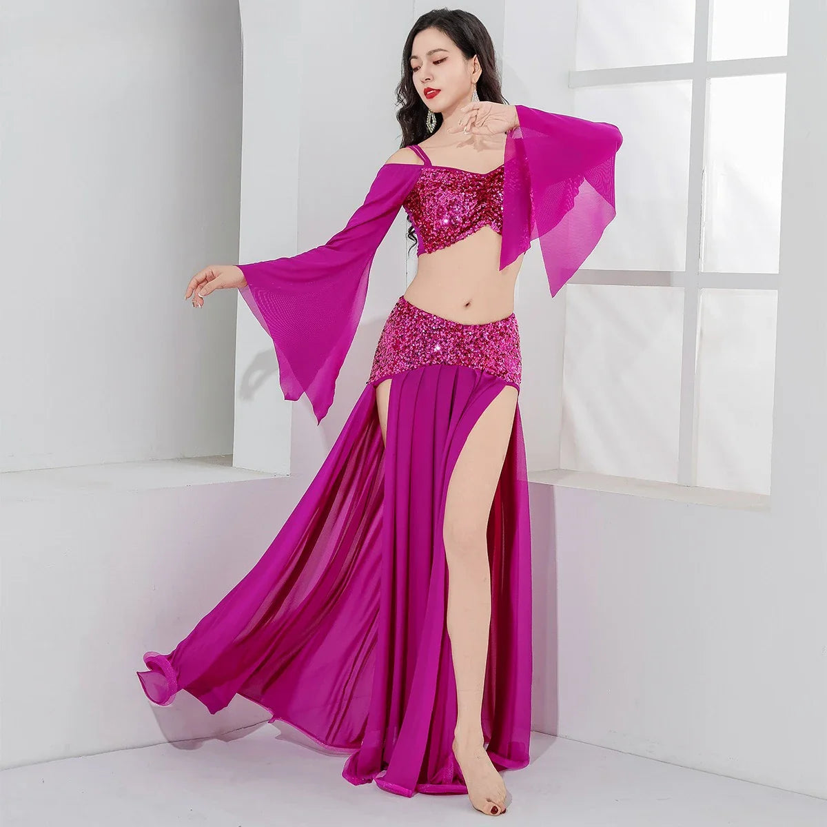 Design Belly Dance Outfit Mesh Fabric Sequin Patchwork Elegant Oriental Dance Wear