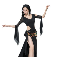 Design Belly Dance Practice with Hollow Sequin Hip Scarf Folk Style Robe Elegant Oriental Dance Outfit
