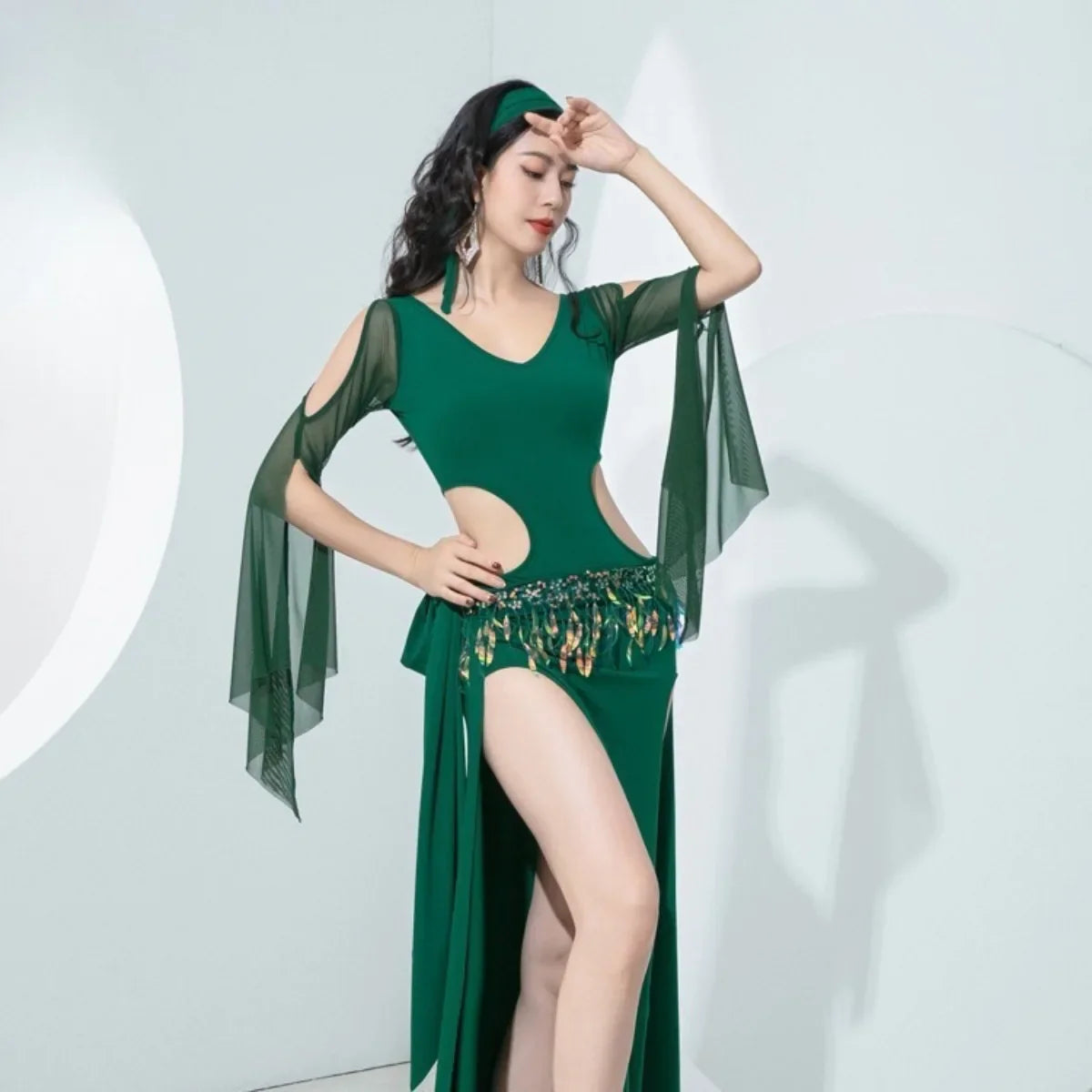 Design Belly Dance Practice with Hollow Sequin Hip Scarf Folk Style Robe Elegant Oriental Dance Outfit