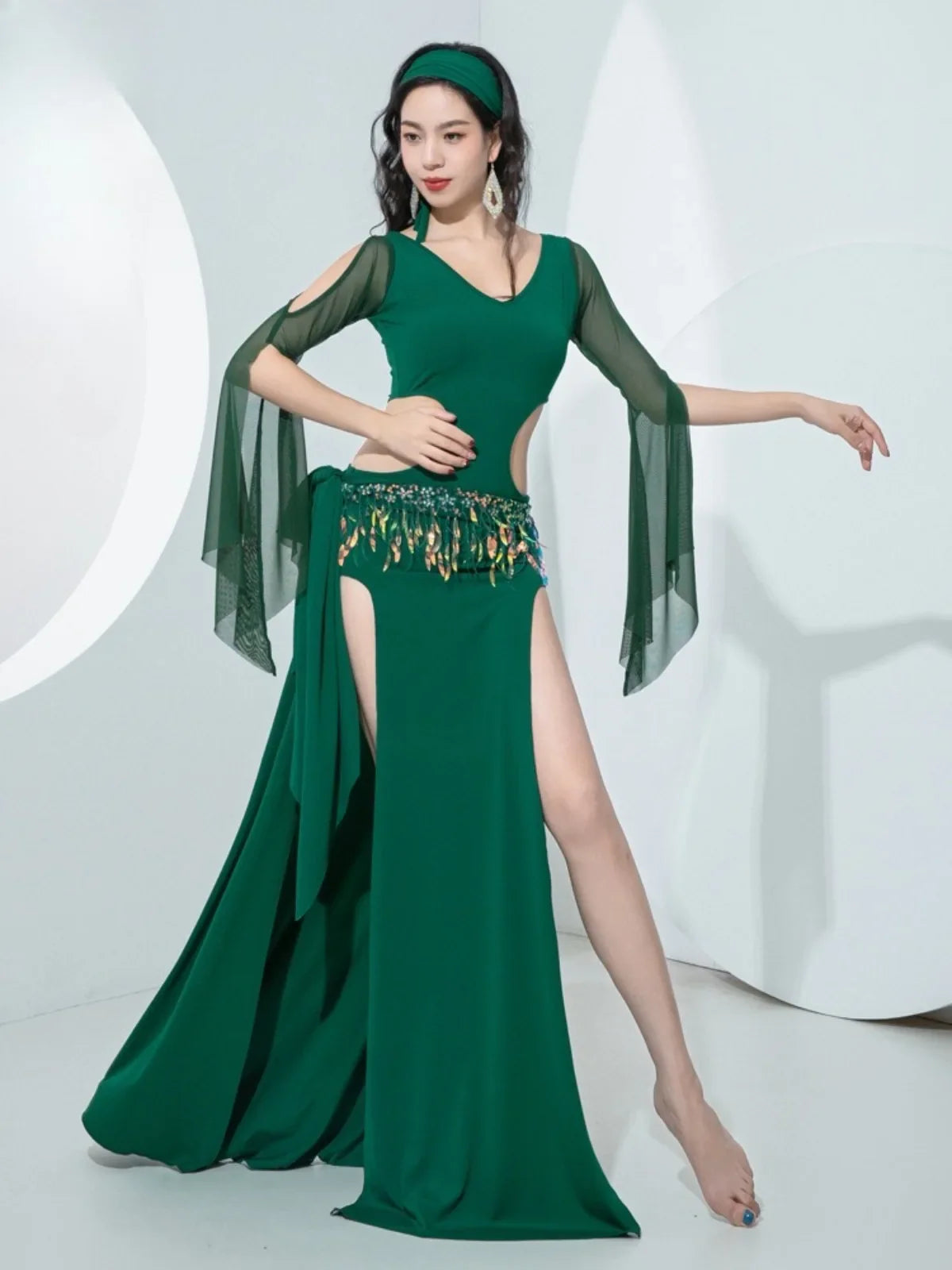 Design Belly Dance Practice with Hollow Sequin Hip Scarf Folk Style Robe Elegant Oriental Dance Outfit