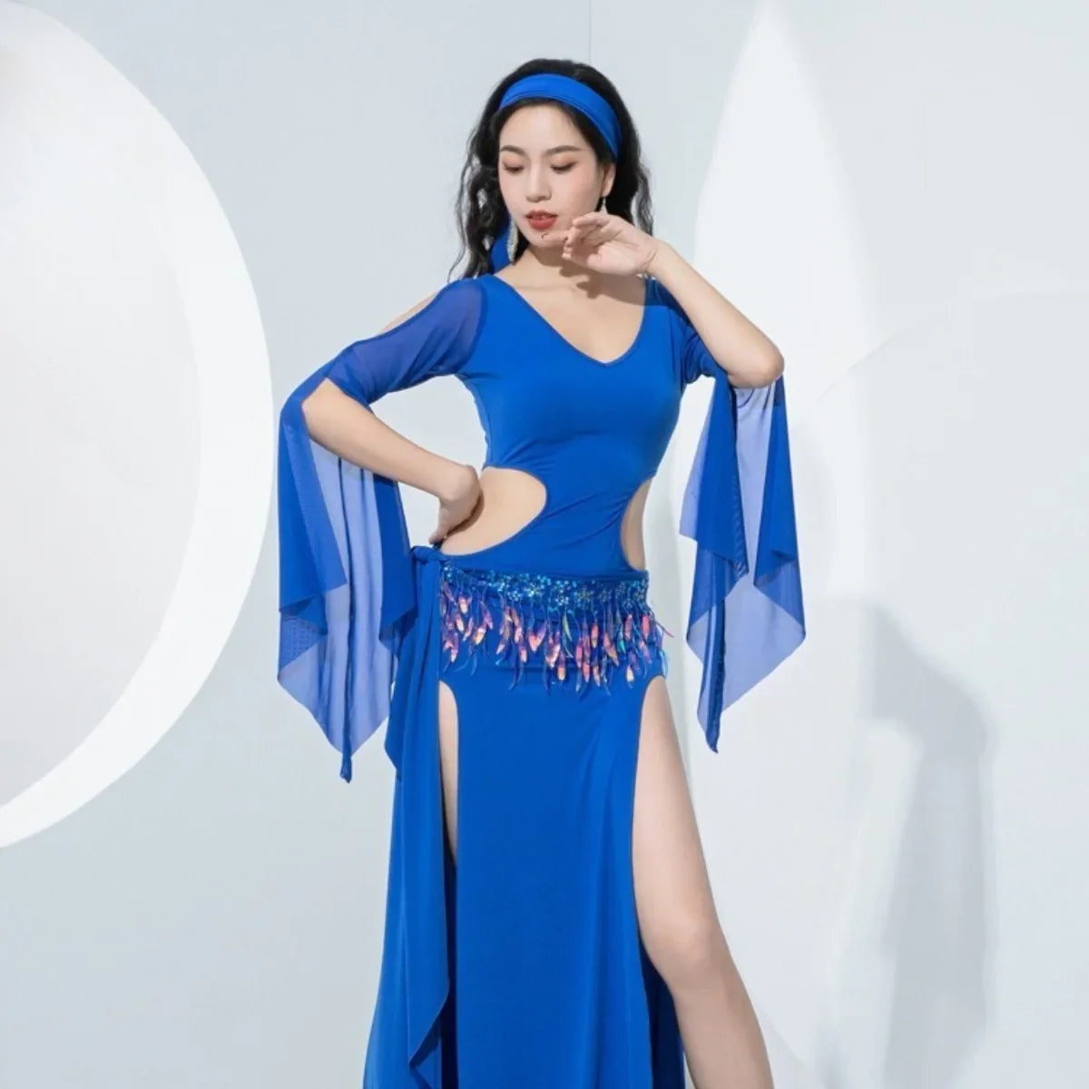 Design Belly Dance Practice with Hollow Sequin Hip Scarf Folk Style Robe Elegant Oriental Dance Outfit