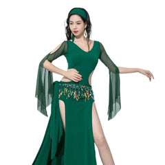 Design Belly Dance Practice with Hollow Sequin Hip Scarf Folk Style Robe Elegant Oriental Dance Outfit
