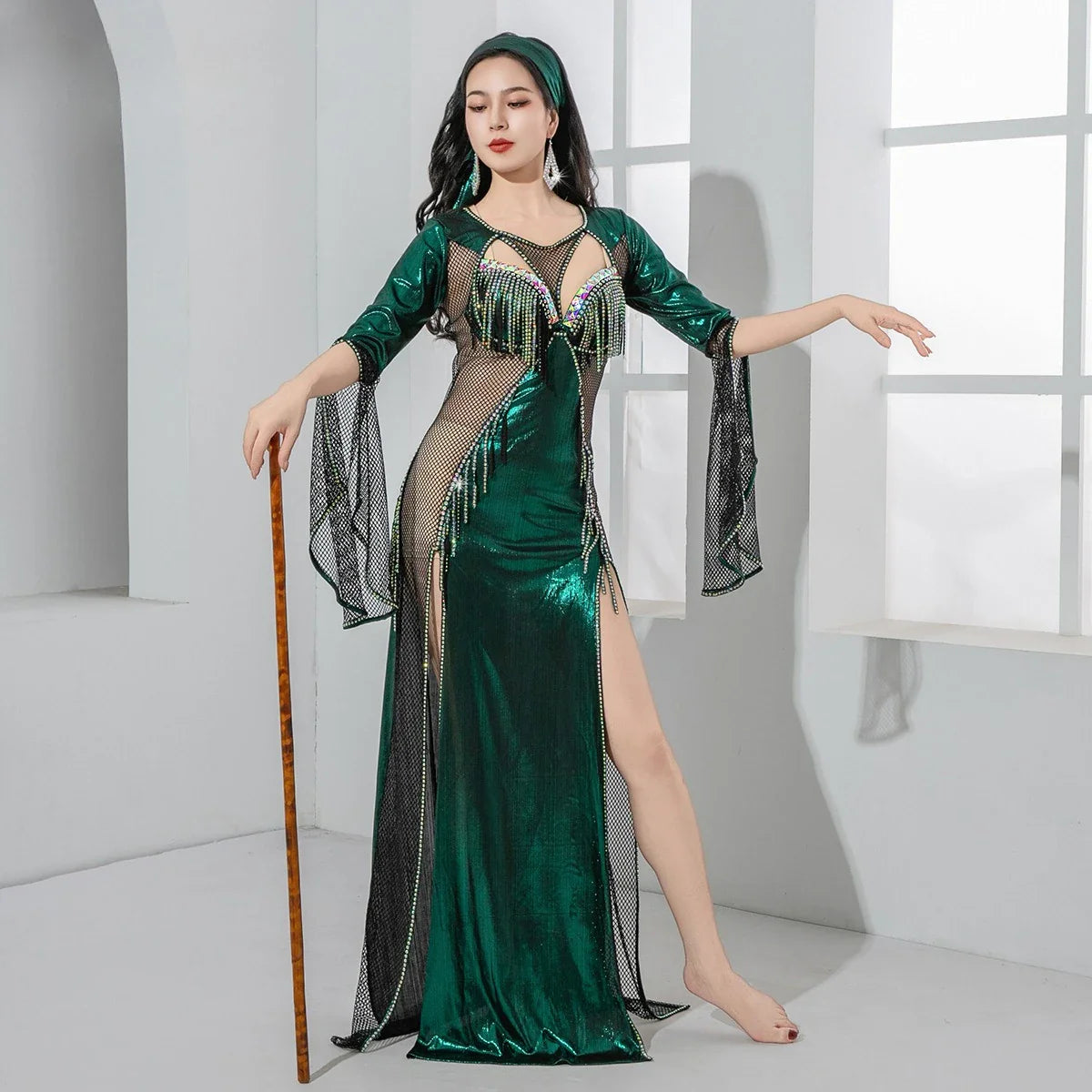 Design Hollow Fishnet Folk Robe Style Belly Dance Outfit Elegant Oriental Dance