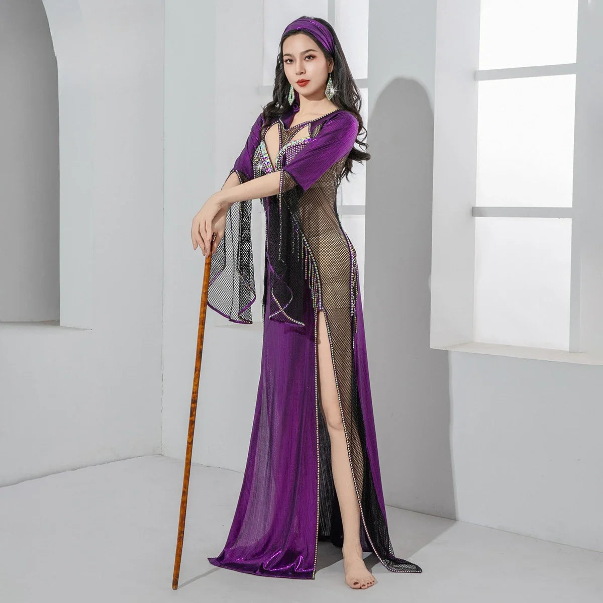 Design Hollow Fishnet Folk Robe Style Belly Dance Outfit Elegant Oriental Dance