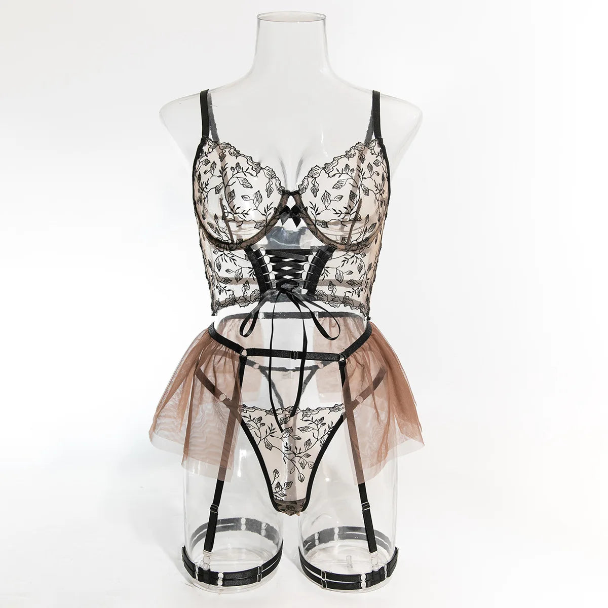 Erotic Western Style 3 Piece Set Boned Corset Featuring Sensual Embroidery Row Buttons Mesh Alluring Lingerie Set