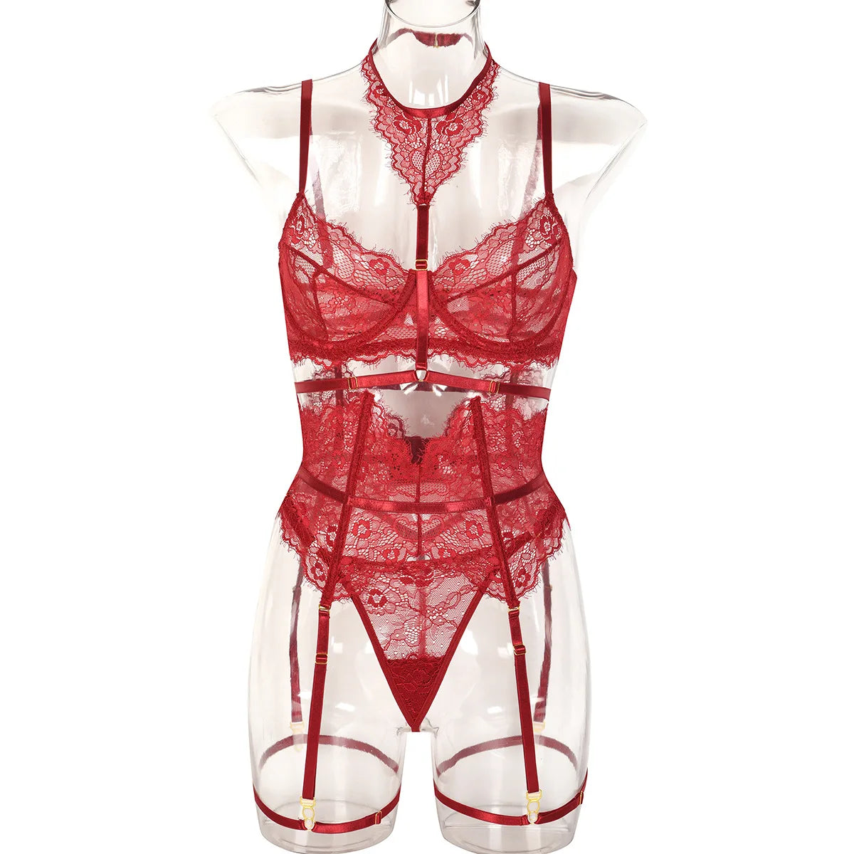 Erotic Western Style 3 Piece Set Eyelash Lace Featuring Sensual Halter Design Alluring Leg Ring Lingerie Set